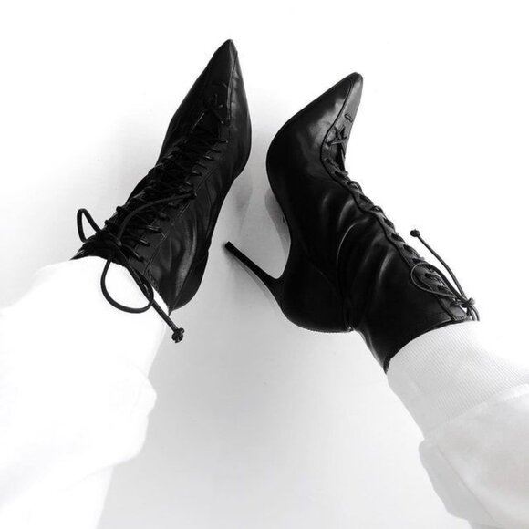 SCHUTZ Tennie Lace Up High Heel Pointed Toe Boots Bootie Size 5.5 Black NEW $188 - Picture 5 of 16